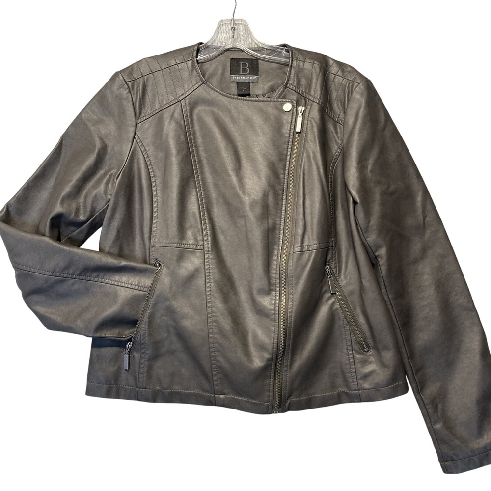BY BERNARDO Women Gray Faux Leather Moto Jacket Zipper Biker Style Size L